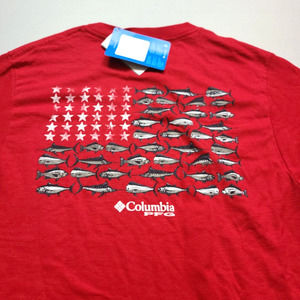 Columbia Mens Performance Fishing Gear T-shirt Fish Flag Graphic USA